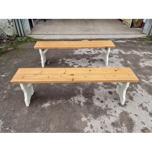 1369 - Pair of quality bespoke made pine tavern benches, H 48cm x L 83cm (2)