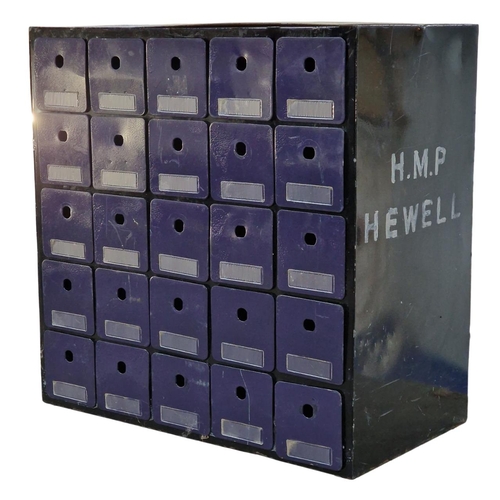 441 - Vintage industrial metal bank of twenty five drawers, signed 'H.M.P HEWELL', H 60cm x W 60cm x D 33c... 