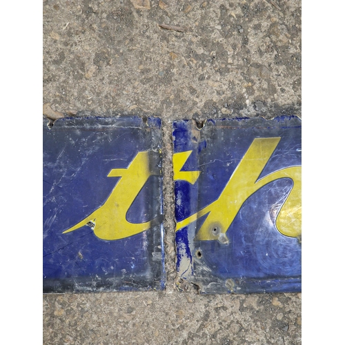 1024 - Advertising - 'Get It At The Co-Op' blue and yellow enamel sign, two sections, 360cm x 23cm (2)