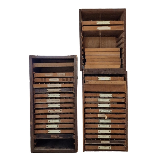 1600 - Quantity of vintage Cheltenham P.O multi-draw  wooden printing letter press cabinets with content, l... 