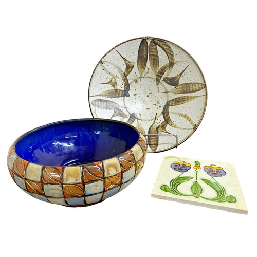 1565 - Oldrich Asenbryl studio pottery charger, 31cm diameter with a Doulton Lambeth bowl and Barratt & Co ... 