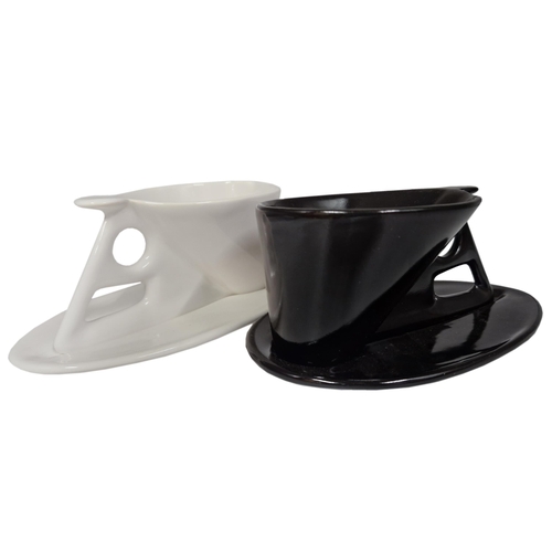 1595 - Pair of Charles Nalle Parvenu Modernist style black and white tea cups and saucers (2)