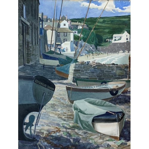 1559 - Chris Hoggett (1927–2017) Cornish harbourside scene with 'Cotswold Goran' boat, signed and dated, wa... 