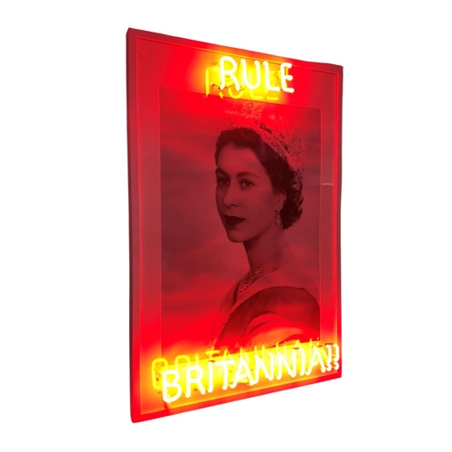 1075 - Queen Elizabeth II 'Rule Britannia' portrait and red neon sign, 94cm x 64cm