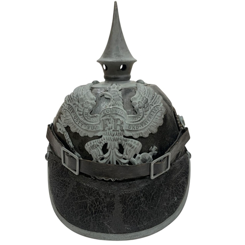 223 - WWI Imperial German Army pickelhaube uniform helmet, having a leather construction with nickel front... 