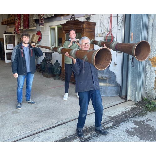 413 - Pair of exceptional antique telescopic Tibetan monks ceremonial horns, having ornate pierced and scr... 