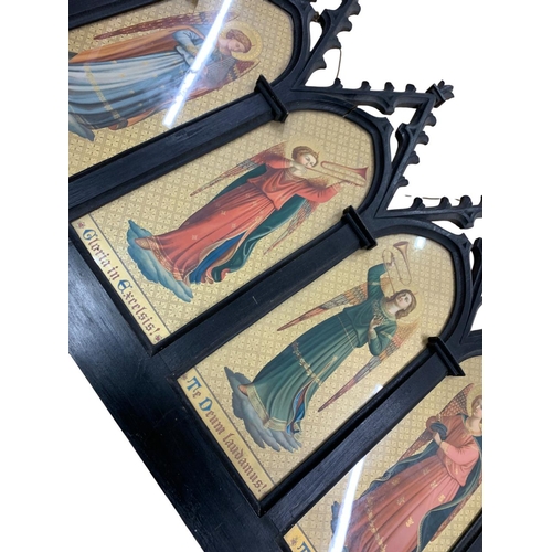 412 - Antique hand carved religous altarpiece, having six panel Saint decoration, 120cm x 52cm