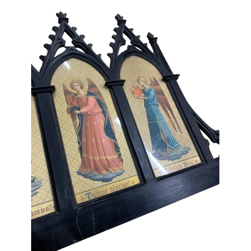 412 - Antique hand carved religous altarpiece, having six panel Saint decoration, 120cm x 52cm