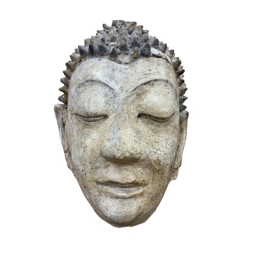 252 - Exceptional hand carved ancient stone Gandhara stucco Buddha head, held atop wooden plinth base, H 4... 