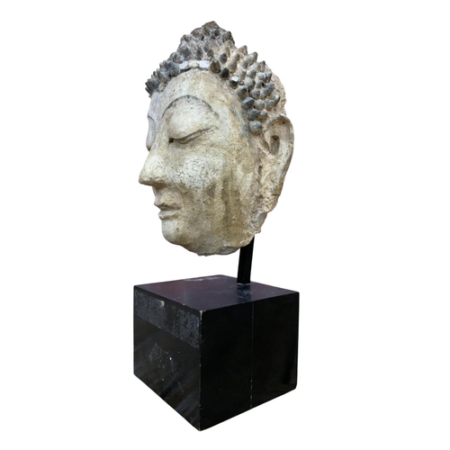 252 - Exceptional hand carved ancient stone Gandhara stucco Buddha head, held atop wooden plinth base, H 4... 