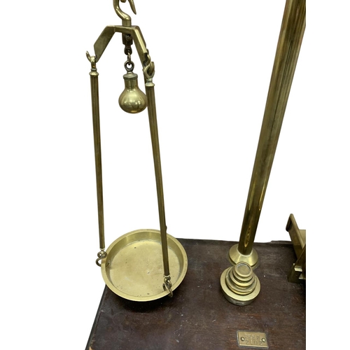 454 - Large pair of Victorian brass weighing scales, 'C.W Brecknell', with graduating brass weights, H 80c... 