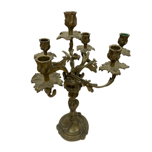 1113 - Pair of French 19th century Louis XV Rococo style gilt bronze five arm candelbra, H 48cm