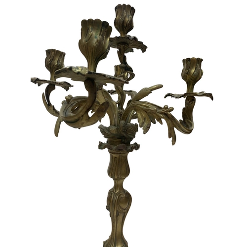 1113 - Pair of French 19th century Louis XV Rococo style gilt bronze five arm candelbra, H 48cm