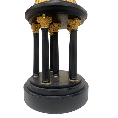 1116 - Unusual Corinthian column temple table lamp with gold painted roof, H 39cm