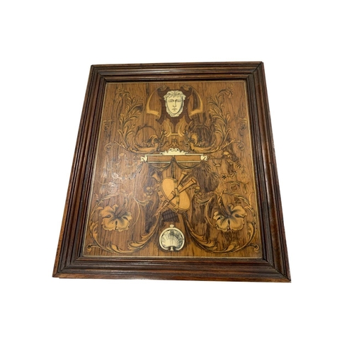 411 - Pair of Victorian inlaid wooden panels, each being decorated with an acanthus leaf and floral surrou... 