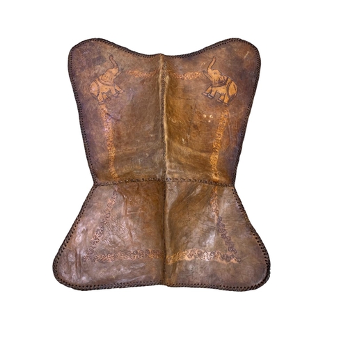 254 - Indian hand made brown leather elephants saddle, 110cm x 85cm