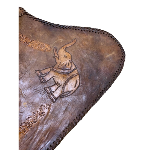 254 - Indian hand made brown leather elephants saddle, 110cm x 85cm