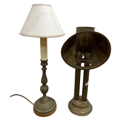 1125 - Quantity of mixed lighting to include alabaster table lamps, oil lamp and students candlestick examp... 