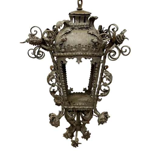 1126 - Wrought iron hanging lantern with Acanthus leaves and flowers, H 60cm