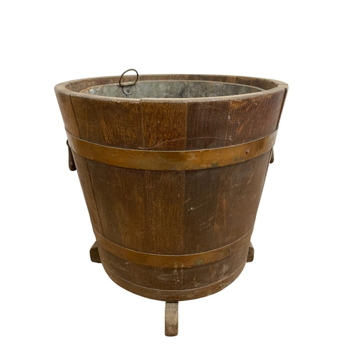 415 - Antique Lister oak and copper banded twin handled fireside coal bucket, having original tin liner, H... 