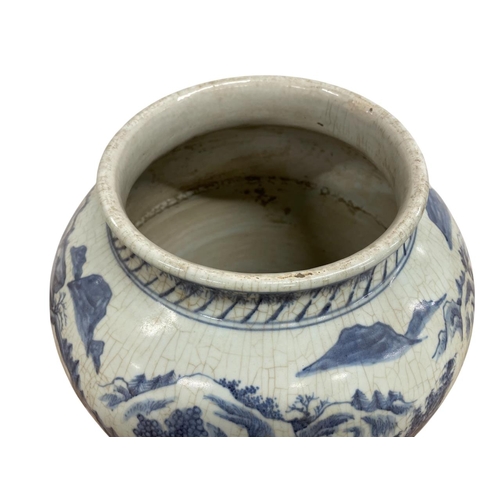 257 - Kangxi period Chinese provincial blue & white porcelain ginger or scent jar, hand painted with mount... 