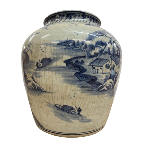 257 - Kangxi period Chinese provincial blue & white porcelain ginger or scent jar, hand painted with mount... 