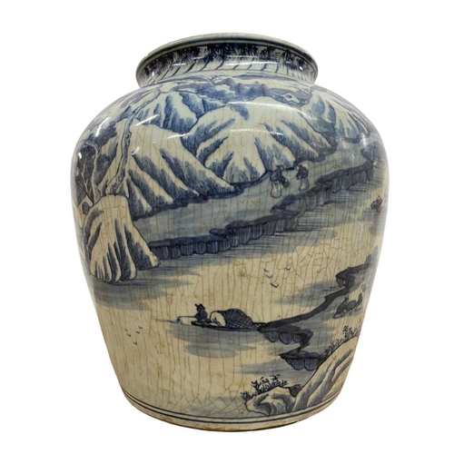 257 - Kangxi period Chinese provincial blue & white porcelain ginger or scent jar, hand painted with mount... 