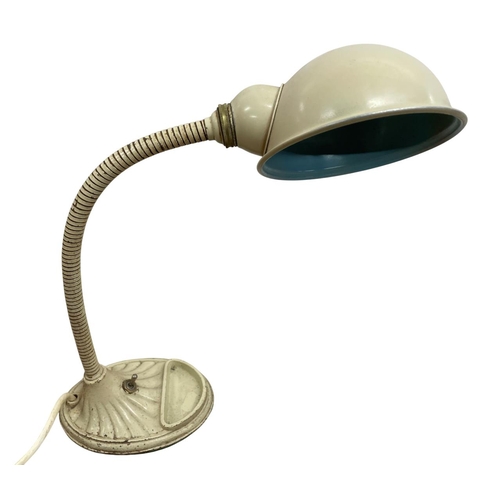 1133 - Vintage 1940's Supreme cream goose neck table lamp with cast iron base and original enamel shade