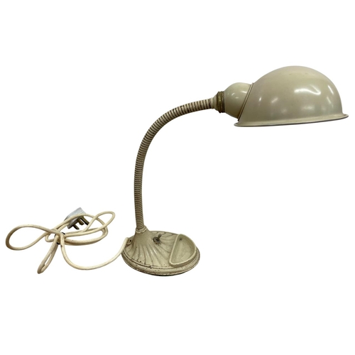 1133 - Vintage 1940's Supreme cream goose neck table lamp with cast iron base and original enamel shade