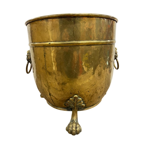 463 - Mixed quantity of antique metalware to include lion claw footed brass coal bucket, barreled copper c... 