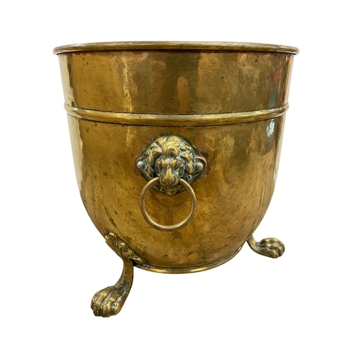 463 - Mixed quantity of antique metalware to include lion claw footed brass coal bucket, barreled copper c... 