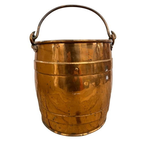 463 - Mixed quantity of antique metalware to include lion claw footed brass coal bucket, barreled copper c... 