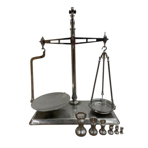 467 - Set of Co-operative Wholesale Society beam scales, complete with five weights, H 50cm