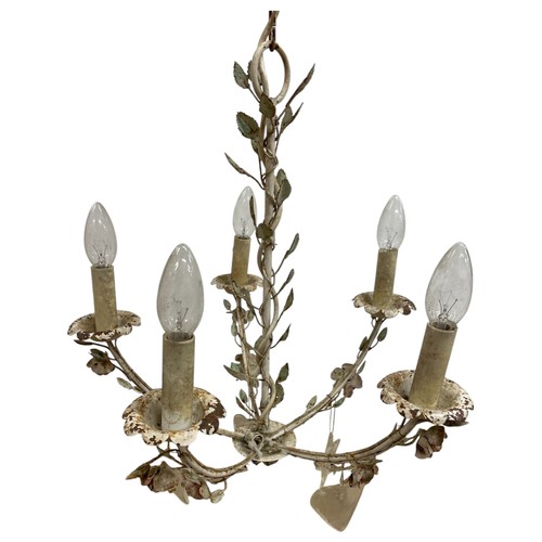 1139 - Tole painted metal floral five branch chandelier and a wrought iron branched wall sconce with knotte... 