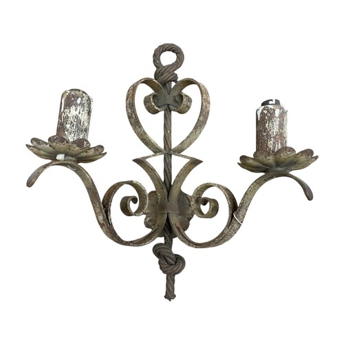 1139 - Tole painted metal floral five branch chandelier and a wrought iron branched wall sconce with knotte... 