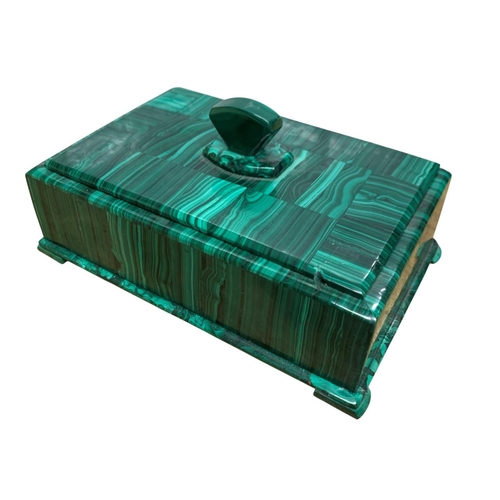 1081 - Natural History - Exceptional hand carved Malachite lidded trinket box, having four footed base and ... 