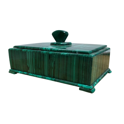 1081 - Natural History - Exceptional hand carved Malachite lidded trinket box, having four footed base and ... 