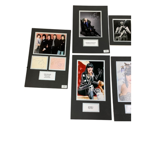 636 - Quantity of music related autographs to include Bill Wyman and Charlie Watts of The Rolling Stones, ... 