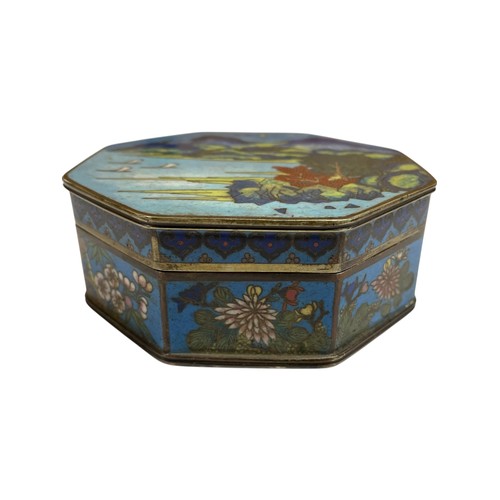 266 - Octagonal Chinese cloisonne enamel casket decorated with a mountainous scene on blue ground, floral ... 