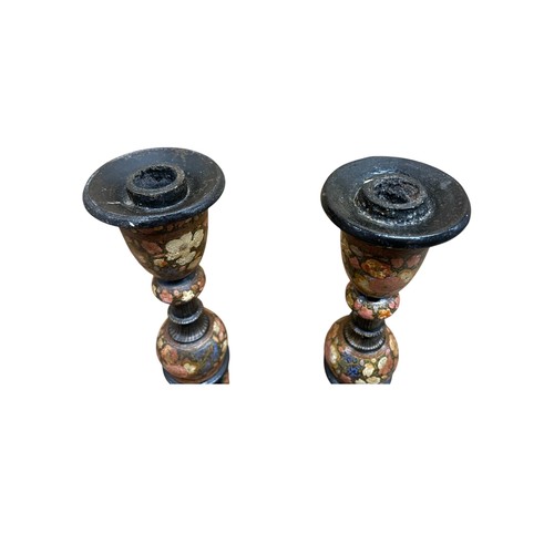 267 - Pair of Kashmir lacquered papier-mâché open twist candlesticks with floral decoration, H 41cm