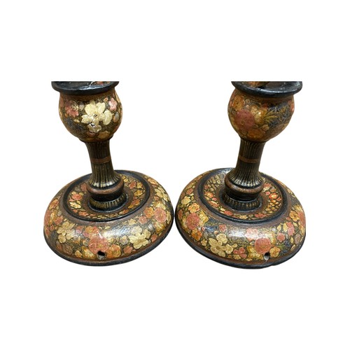 267 - Pair of Kashmir lacquered papier-mâché open twist candlesticks with floral decoration, H 41cm