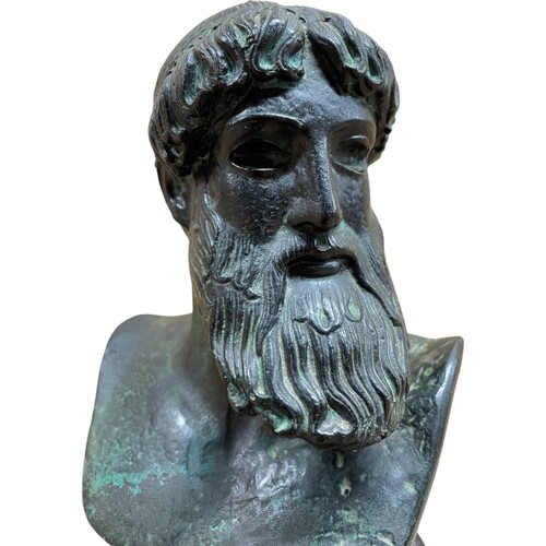 469 - Poseidon Artemision bust, after the ancient original, with verdigris patination, raised on an oval w... 