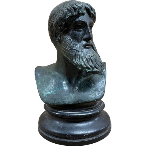 469 - Poseidon Artemision bust, after the ancient original, with verdigris patination, raised on an oval w... 