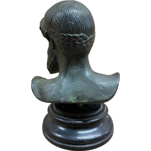 469 - Poseidon Artemision bust, after the ancient original, with verdigris patination, raised on an oval w... 