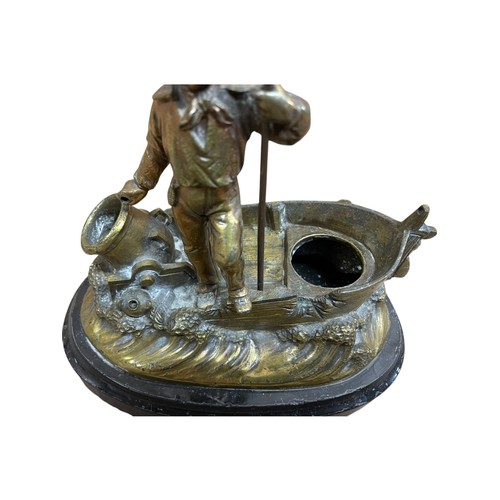 470 - 19th Century gilt bronze figural inkstand modelled as a fisherman on a small boat with waves splashi... 