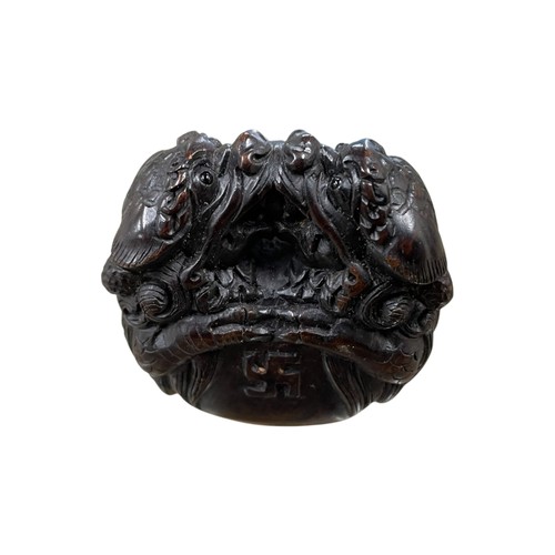 272 - 19th Century Japanese carved Netsuke in the form of a Slit Temple Drum, twin lion head handle, glass... 