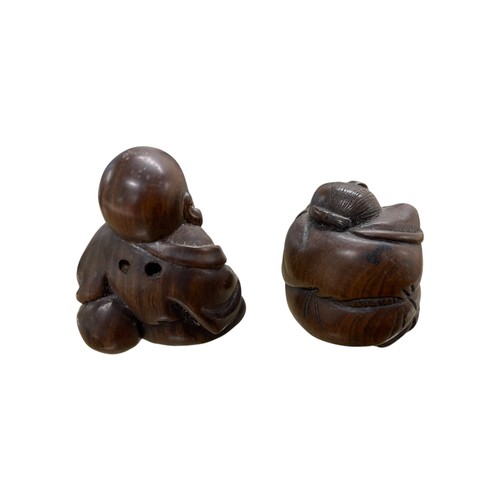 278 - Two Japanese carved netsukes - happy Buddha and sleeping Buddha, both with inset tablet signatures, ... 