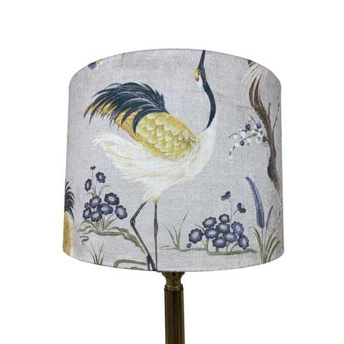 1137 - Brass Corinthian column table lamp with exotic bird design canvas shade, H 77cm