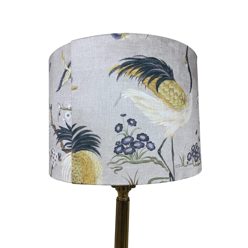 1137 - Brass Corinthian column table lamp with exotic bird design canvas shade, H 77cm