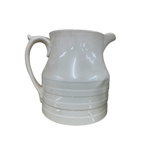 331 - Collection of white banded ceramic kitchen jugs, largest H 23cm (5)